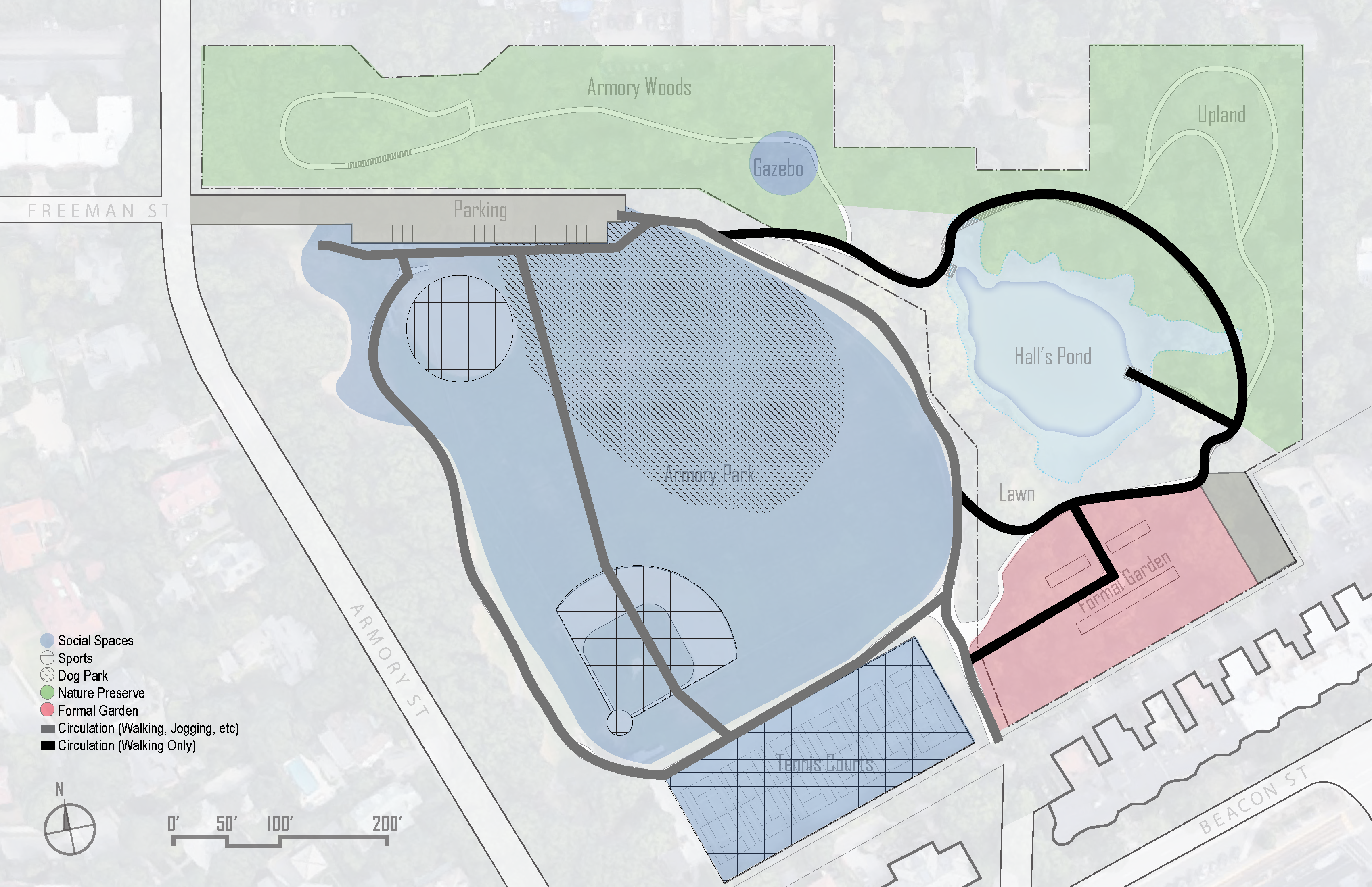 Site analysis diagram showing land usage within the Hall's Pond preserve.